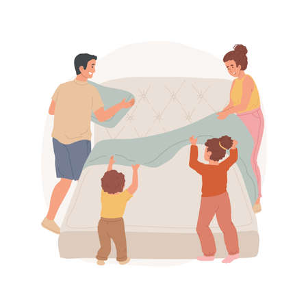 Making bed isolated cartoon vector illustration. Parents and kids making bed together, having fun, holding a blanket, organize bedroom, put pillows, family daily routine vector cartoon.のイラスト素材