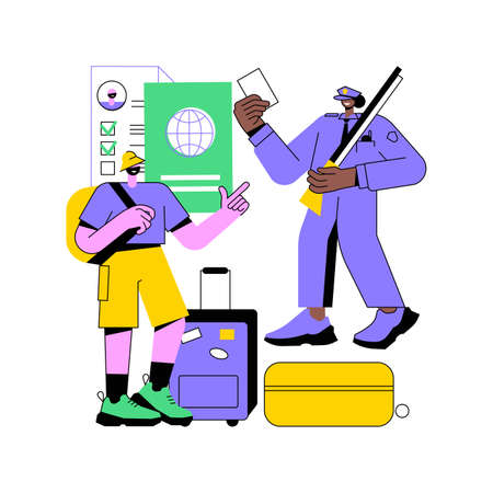 Migration control abstract concept vector illustration. Border control, illegal immigration, check documents, application form, fingerprints, inscription covid-19, passport abstract metaphor.のイラスト素材