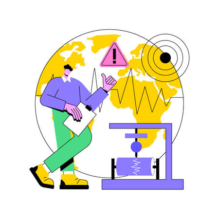 Seismology abstract concept vector illustration. Seismic waves study, seismology course, earthquake environmental effect, Earth science, tectonic movement, volcanic activity abstract metaphor.のイラスト素材