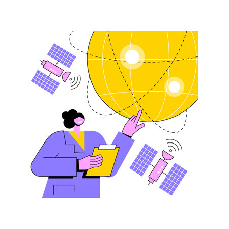 Earth observation abstract concept vector illustration. Space engineering, planetary science, satellite service, geoinformation, applied earth observation, remote sensing abstract metaphor.のイラスト素材