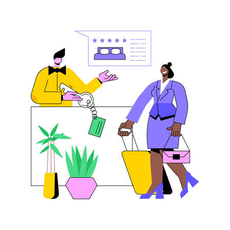 Hospitality management abstract concept vector illustration. Hotel business processes, resort management system, accommodation manager, customer service, travel office, lobby abstract metaphor.のイラスト素材