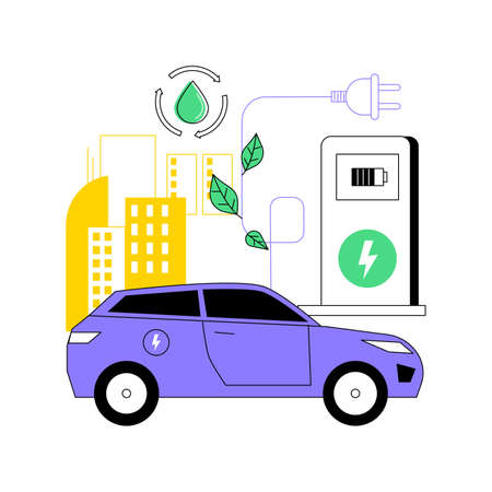 Charging station abstract concept vector illustration. Electric vehicle, recharging point, plug-in hybrids, alternative fuel, electrical outlet, battery capacity, power abstract metaphor.のイラスト素材