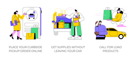 Curbside pickup abstract concept vector illustration set. Place your curbside pickup order online, get supplies without leaving car, call for load products, contactless payment abstract metaphor.のイラスト素材