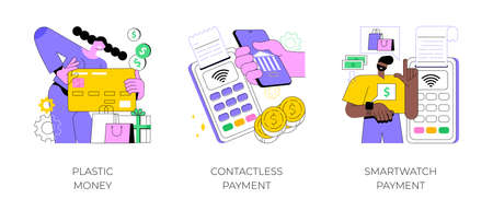Digital transactions abstract concept vector illustration set. Plastic money, contactless smartwatch payment, credit and debit card, smartphone banking application, smart technology abstract metaphor.のイラスト素材