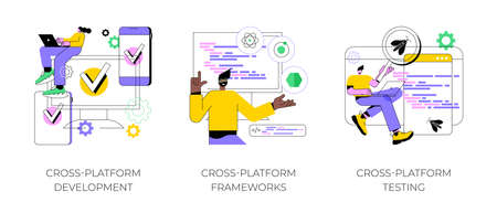 Cross-platform operating system abstract concept vector illustration set. Cross-platform development, software app framework, multi platform testing, code writing, user experience abstract metaphor.のイラスト素材