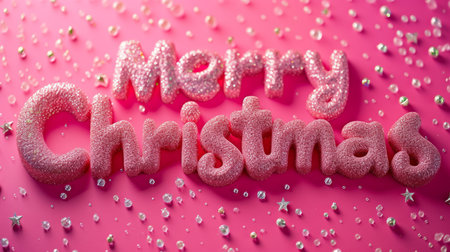 Pink Glossy Surface Merry Christmas concept creative horizontal art poster.の素材