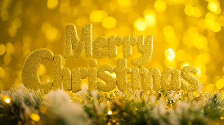 Yellow Glossy Surface Merry Christmas concept creative horizontal art poster.の素材