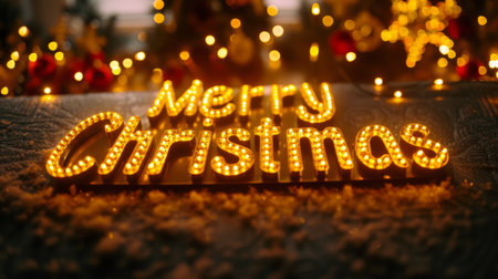 Yellow LED Merry Christmas concept creative horizontal art poster.の素材