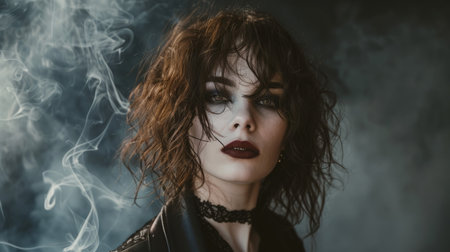 Adult White Woman with Brown Curly Hair Goth style Illustration.の素材