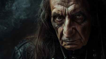 Old Latino Man with Brown Straight Hair Goth style Illustration.の素材