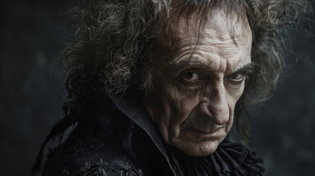 Old White Man with Brown Curly Hair Goth style Illustration.の素材