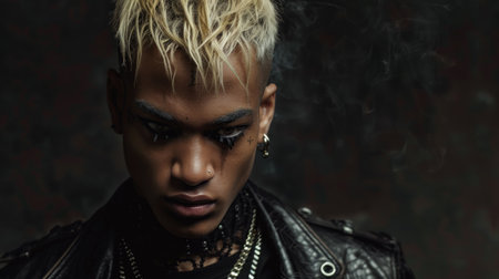 Teen Black Man with Blond Straight Hair Goth style Illustration.の素材