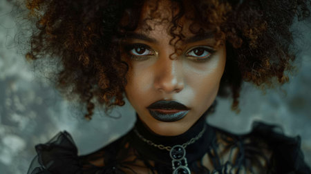 Teen Black Woman with Brown Curly Hair Goth style Illustration.の素材