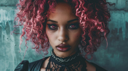 Teen Black Woman with Pink Curly Hair Goth style Illustration.の素材
