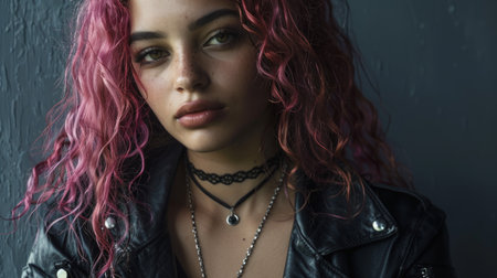 Teen Latino Woman with Pink Curly Hair Goth style Illustration.の素材