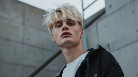 Adult White Man with Blond Straight Hair 1990s style Illustration.の素材