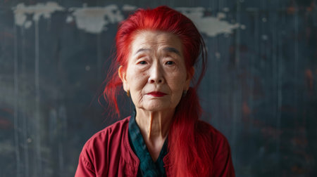 Old Chinese Woman with Red Straight Hair 1990s style Illustration.の素材