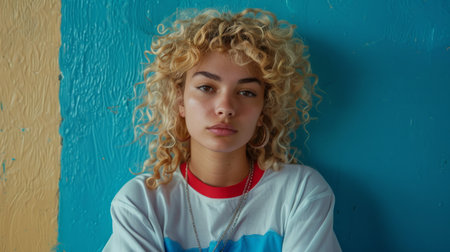Teen Latino Woman with Blond Curly Hair 1990s style Illustration.の素材