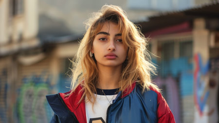 Teen Persian Woman with Blond Straight Hair 1990s style Illustration.の素材