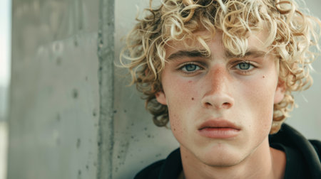 Teen White Man with Blond Curly Hair 1990s style Illustration.の素材