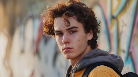 Teen White Man with Brown Curly Hair 1990s style Illustration.の素材