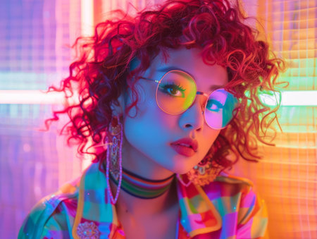 Adult Chinese Woman with Red Curly Hair neon style Illustration.の素材