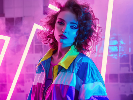 Adult White Woman with Brown Curly Hair neon style Illustration.の素材