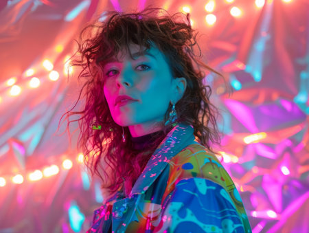 Adult White Woman with Brown Curly Hair neon style Illustration.の素材