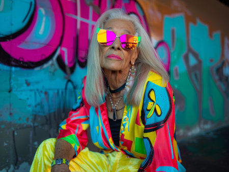 Old Latino Woman with Blond Straight Hair neon style Illustration.の素材