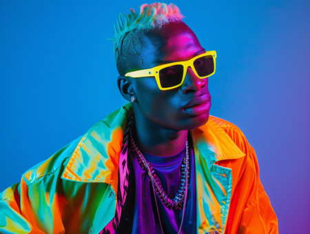 Teen Black Man with Blond Straight Hair neon style Illustration.の素材