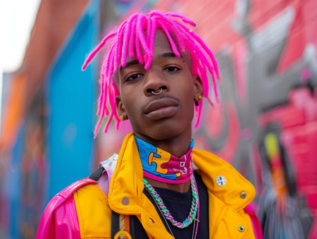 Teen Black Man with Pink Straight Hair neon style Illustration.の素材