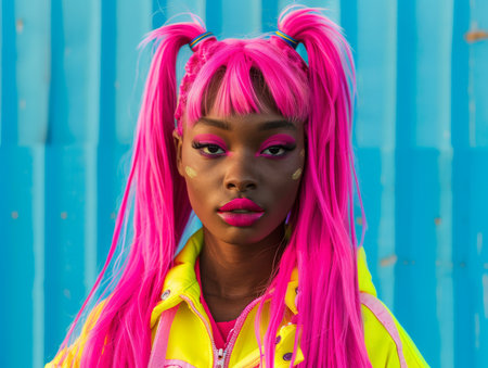 Teen Black Woman with Pink Straight Hair neon style Illustration.の素材