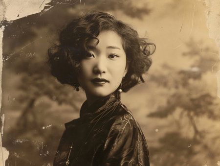 Photorealistic Adult Chinese Woman with Brown Curly Hair vintage Illustration.の素材