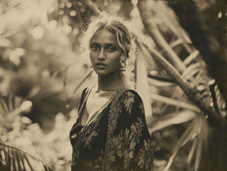 Photorealistic Adult Indian Woman with Blond Straight Hair vintage Illustration.の素材