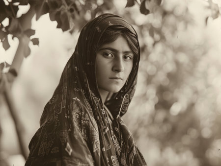 Photorealistic Old Persian Woman with Brown Straight Hair vintage Illustration.の素材
