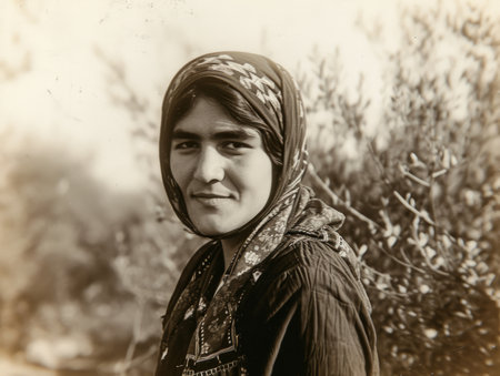 Photorealistic Old Persian Woman with Brown Straight Hair vintage Illustration.の素材