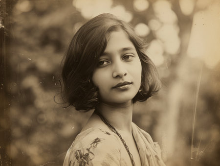 Photorealistic Teen Indian Woman with Brown Straight Hair vintage Illustration.の素材