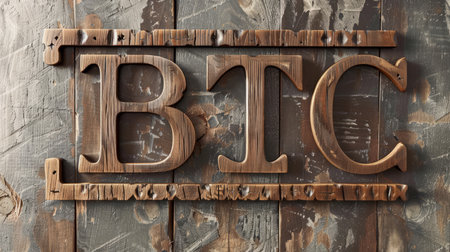 Wooden Teak Bitcoin Cryptocurrency concept art poster.の素材