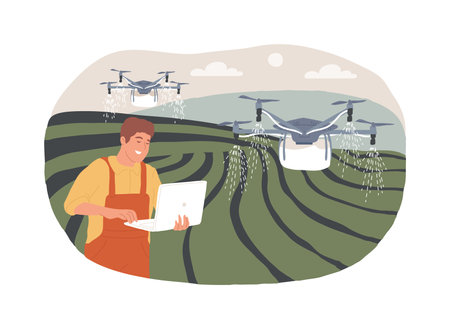 Spraying drone isolated cartoon vector illustrations.のイラスト素材