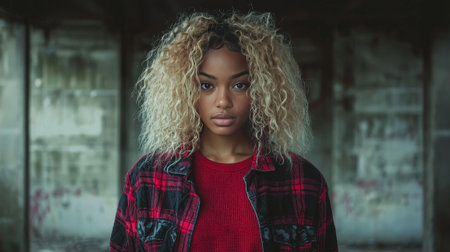 Adult Black Woman with Blond Curly Hair creative poster.の素材