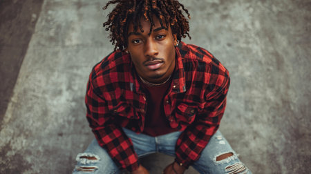 Adult Black Man with Brown Curly Hair creative poster.の素材