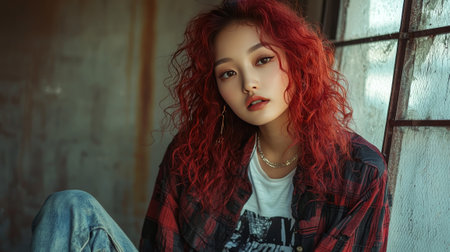 Adult Chinese Woman with Red Curly Hair creative poster.の素材