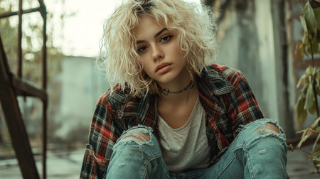 Adult Latino Woman with Blond Curly Hair creative poster.の素材