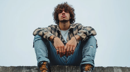 Adult Latino Man with Brown Curly Hair creative poster.の素材