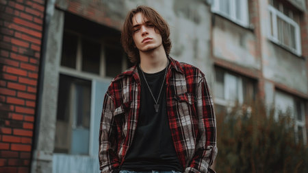 Adult White Man with Brown Straight Hair creative poster.の素材