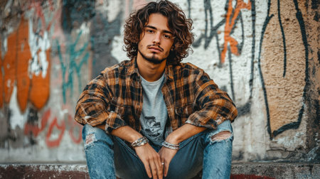 Adult Latino Man with Brown Curly Hair creative poster.の素材