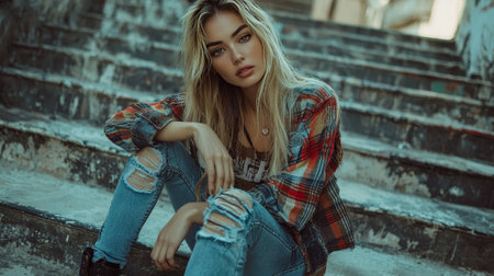 Adult Latino Woman with Blond Straight Hair creative poster.の素材