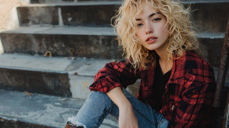 Adult White Woman with Blond Curly Hair creative poster.の素材