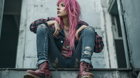 Adult White Woman with Pink Straight Hair creative poster.の素材