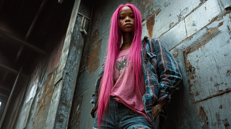 Old Black Woman with Pink Straight Hair creative poster.の素材